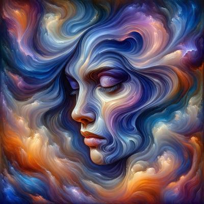 The primary subject of the image is a woman's face, which is the main focus of the artwork. The setting is a cloudy sky, with the woman's face positioned in the middle of the scene. The visual style is a combination of digital art and illustration, creating a unique and artistic representation of the woman's face. The colors and mood of the image are predominantly blue and purple, giving the artwork a serene and dreamy atmosphere.